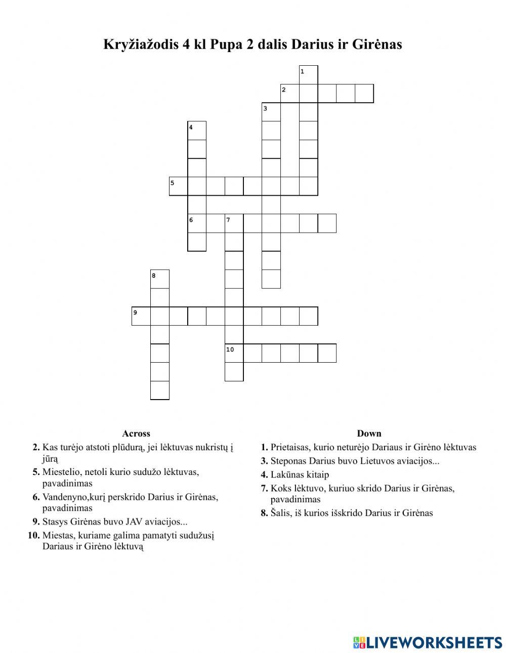 Kryžiažodis 4 kl Pupa 2 dalis Darius ir Girėnas