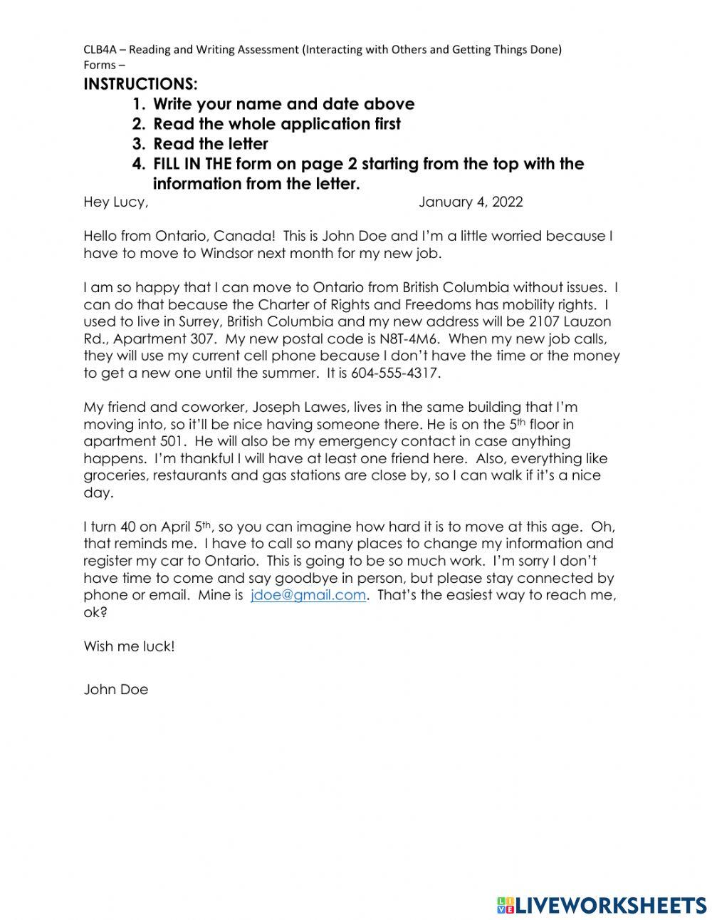Reading and writing assessment 2022 online exercise for live worksheets