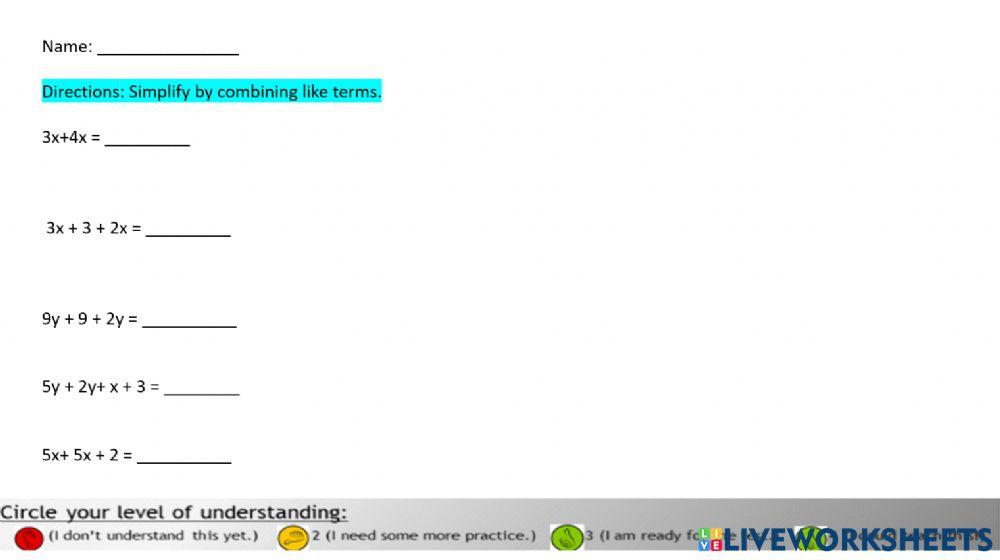 Combining like terms interactive activity Live Worksheets