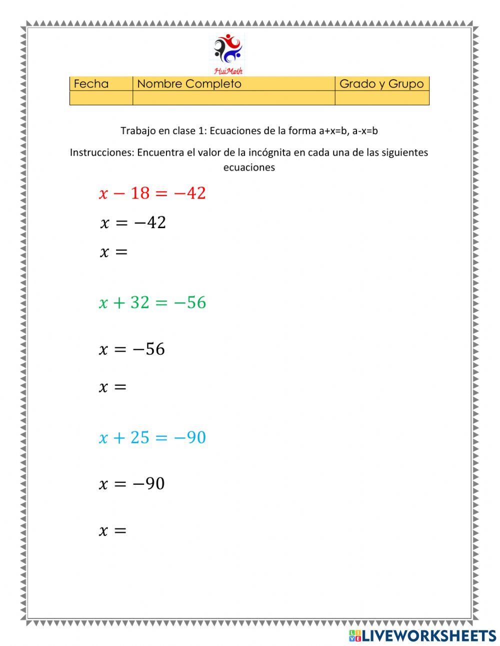 Ecuaciones a+x-b,a-x-b