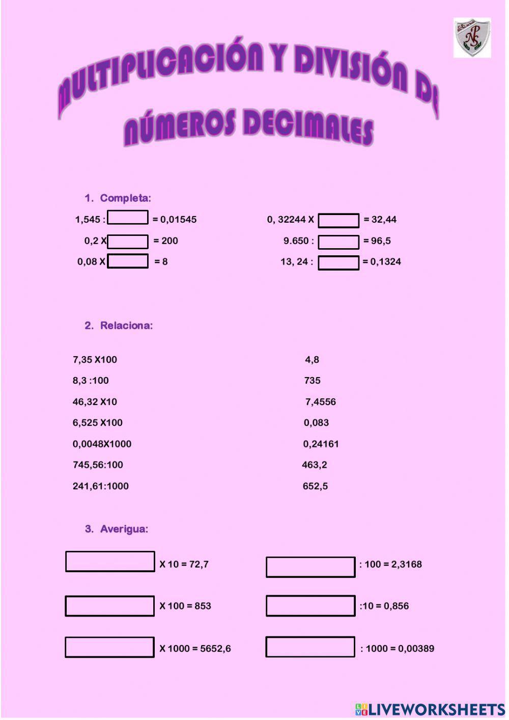 Multiplicar y dividir números decimales por la unidad seguida de ceros