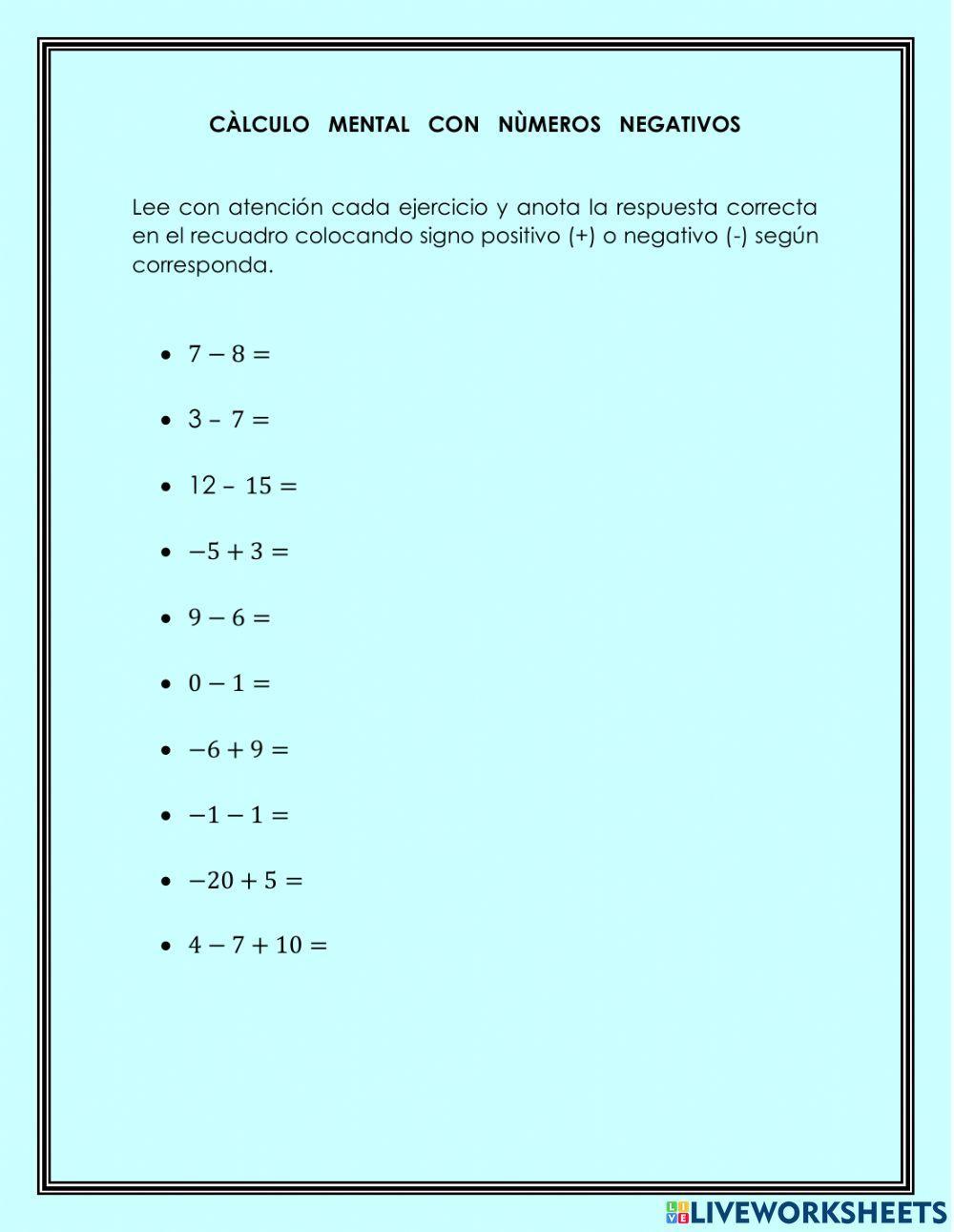 Càlculo mental con nùmeros negativos
