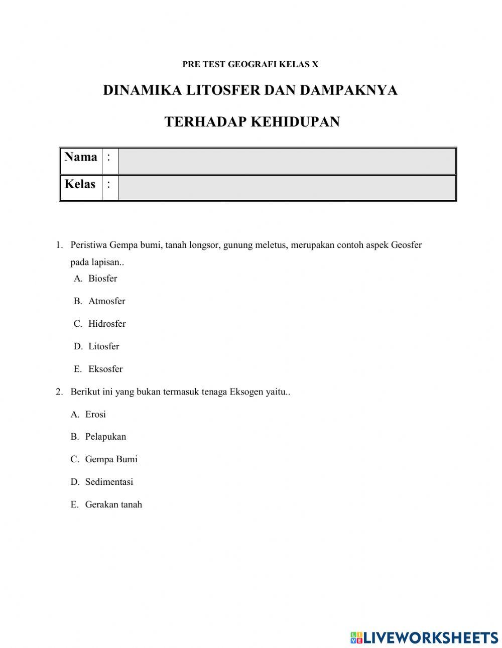 Pre Test Dinamika Listosfer Kelas X