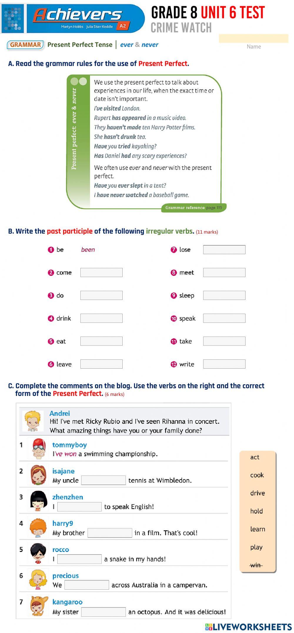 Grade 8 English UNIT 7 Present Perfect Tense: ever - never