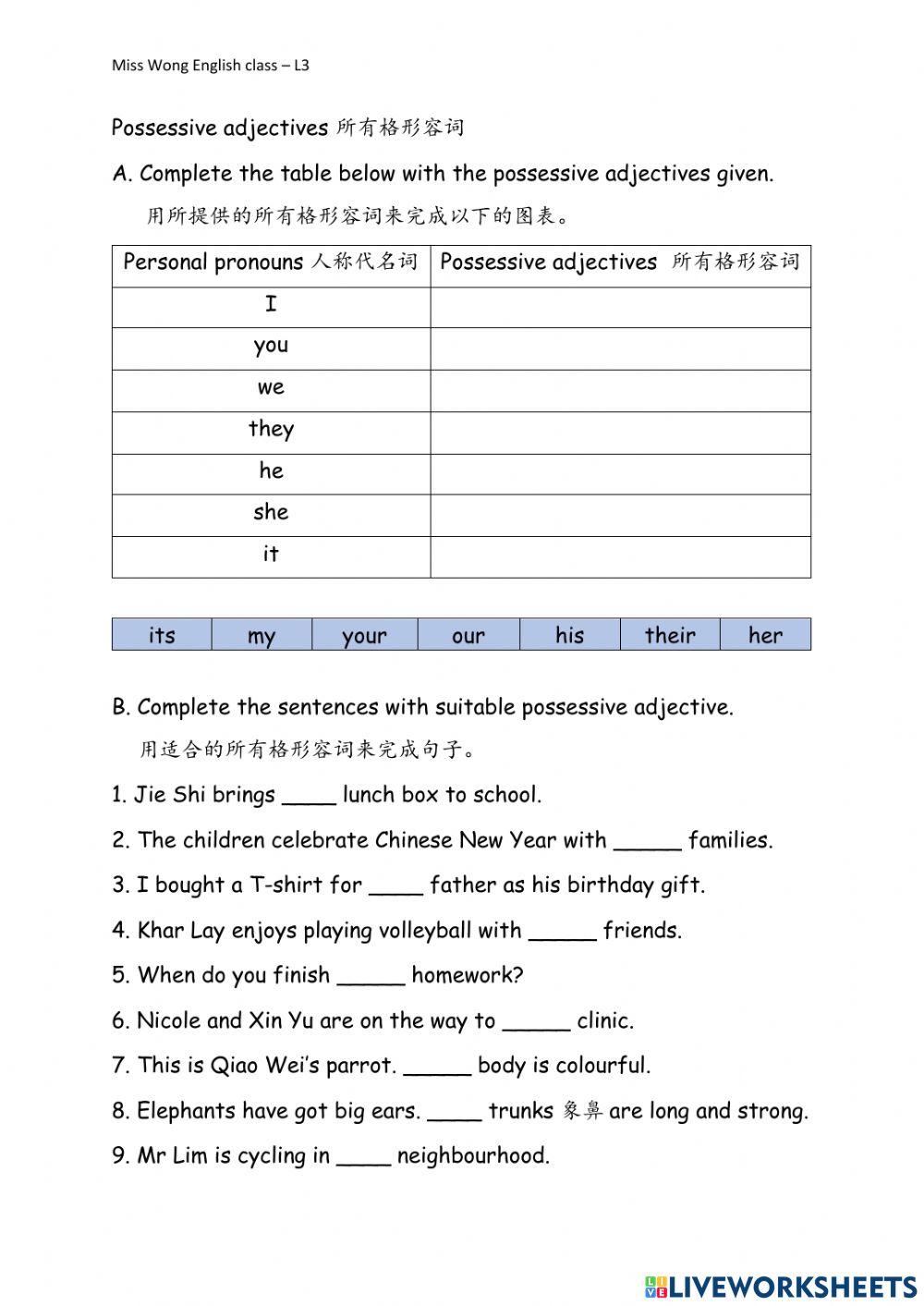 Possessive adjectives