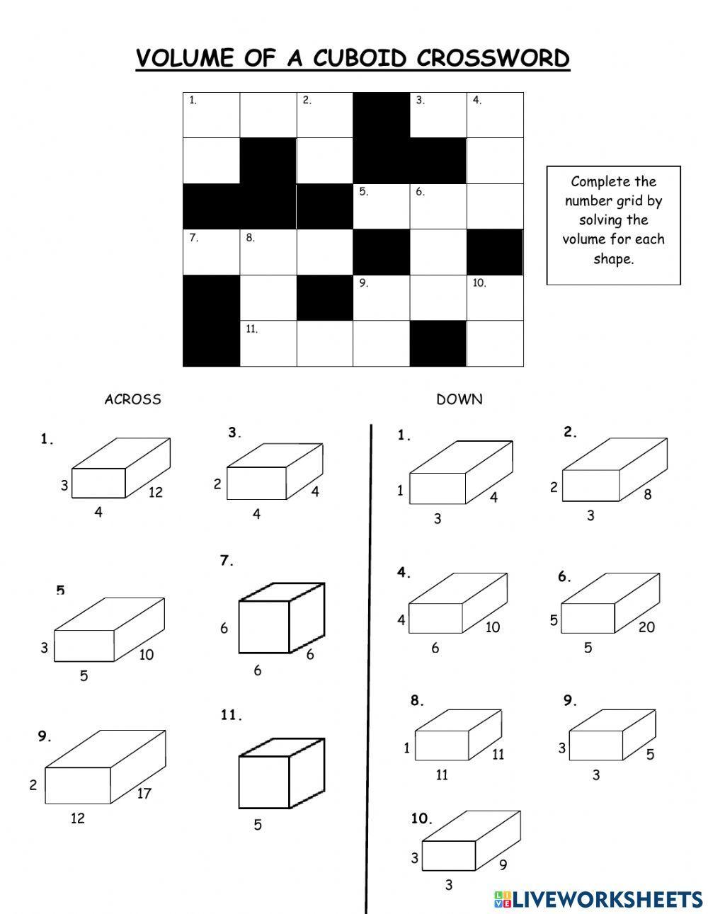 Volume of Cuboid Crossword