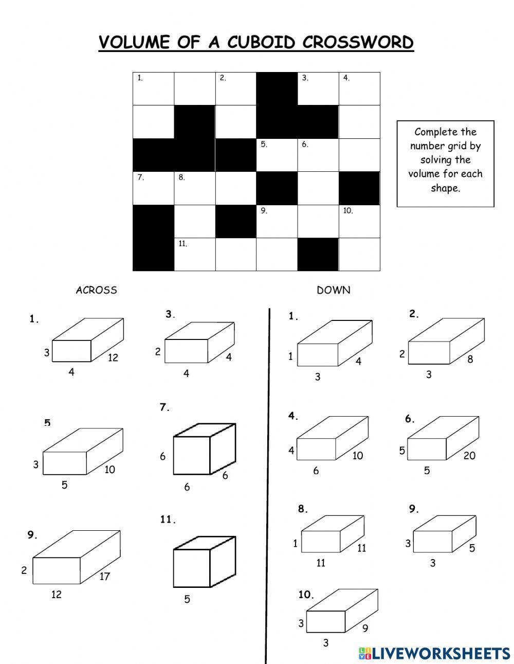 Volume of Cuboid Crossword