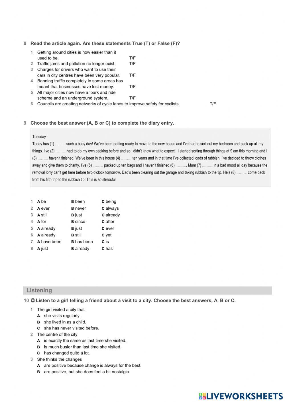 Test on present perfect past simple and vocabulary cities ang houses