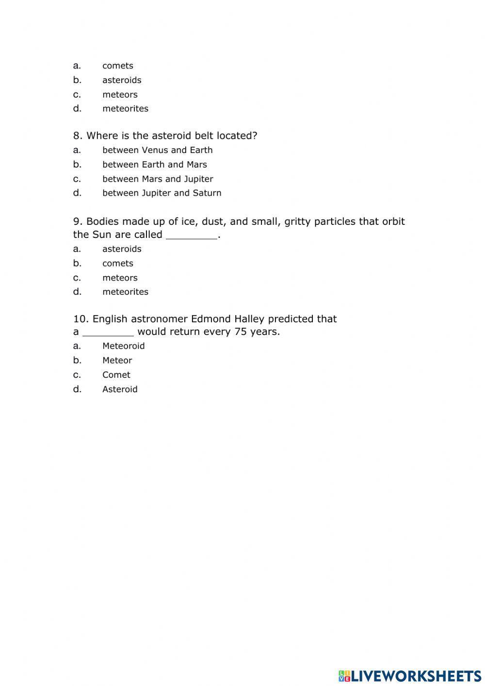 Comets, Asteroids, Meteors, Meteorids, or Meteorite