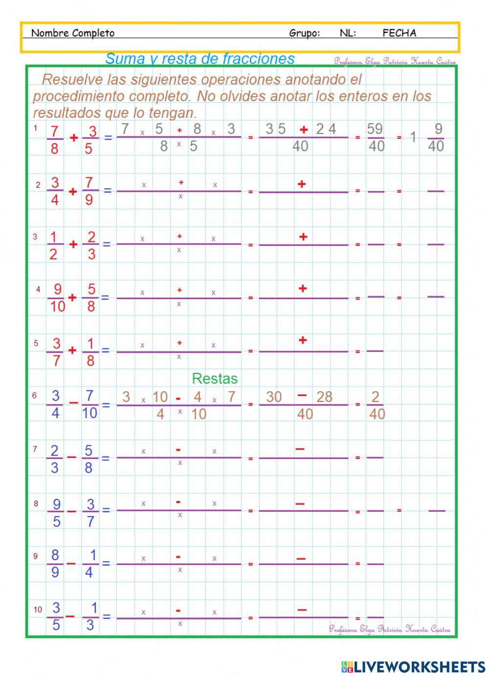 Suma y resta de fracciones 1