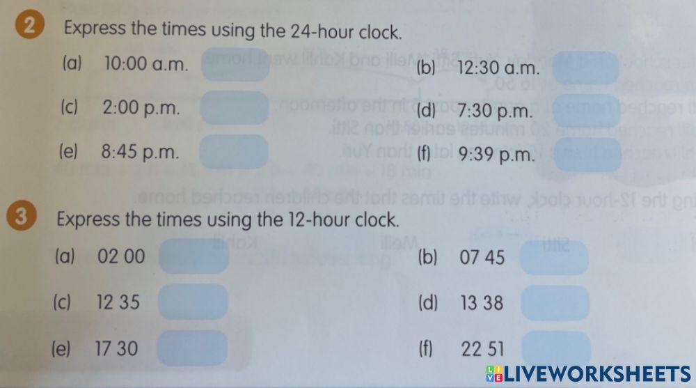 12 and 24 hour clock online exercise for Live Worksheets