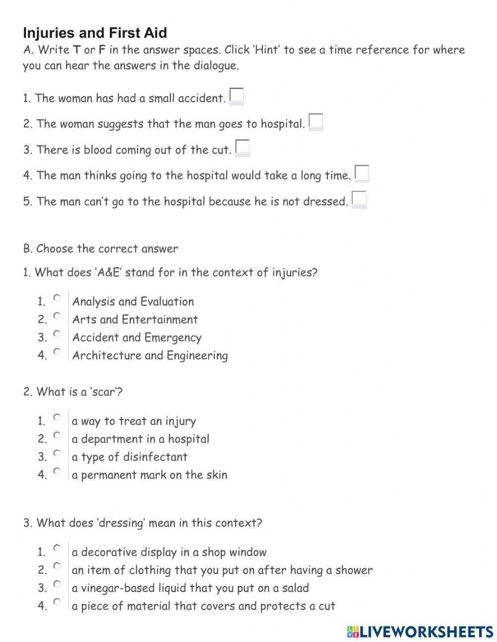 Which Of The Following Activities Could Lead To Injuries Injuries and first aid online exercise for | Live Worksheets