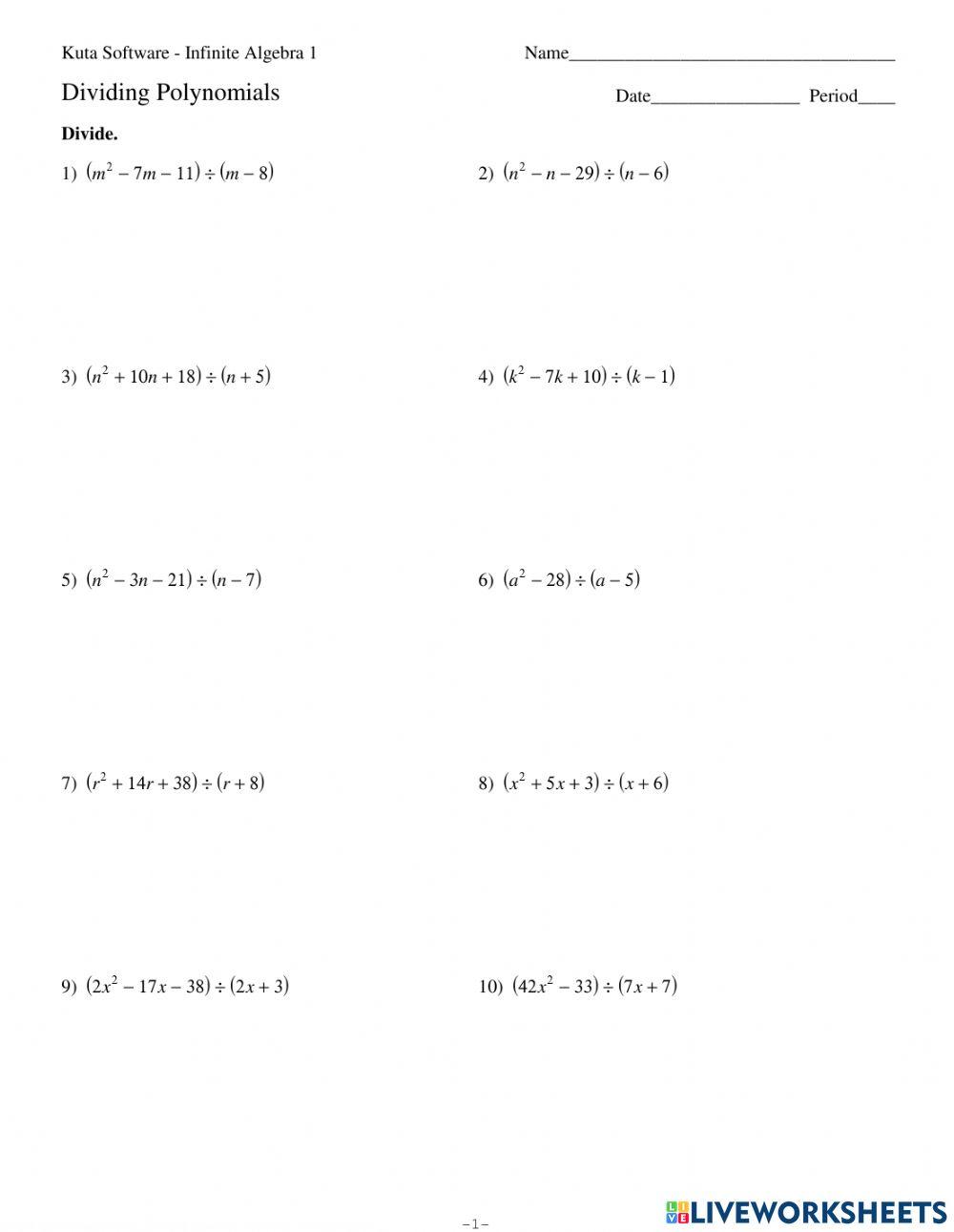 Dividing Polynomials online exercise for | Live Worksheets