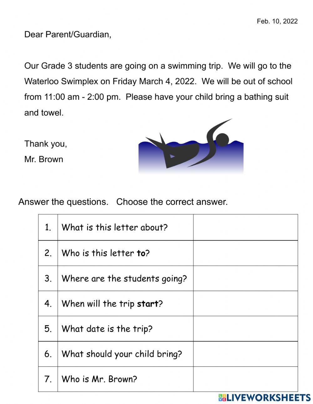 Swimming Trip Permission Form