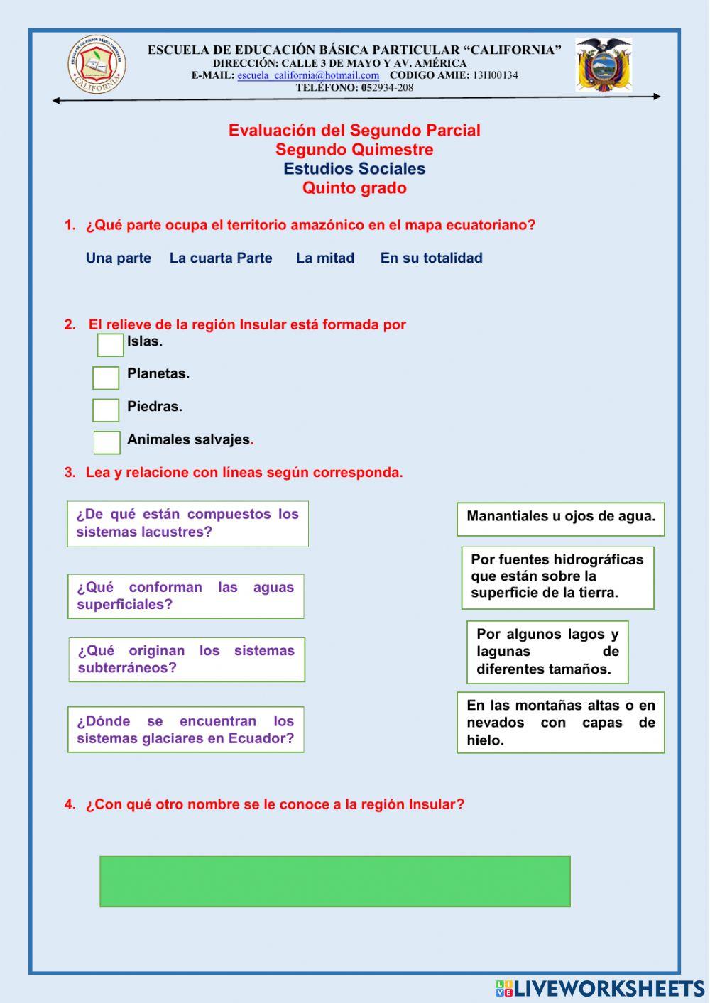 Evaluación de 5to. de eess del 2do. parcial del 2do. quimestre para 5 estudiantes