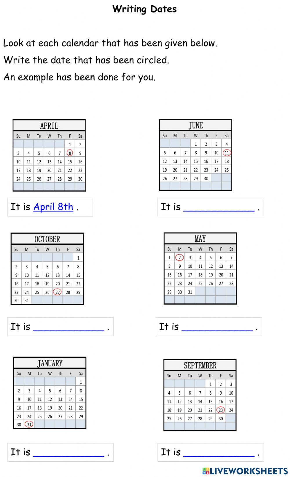 Calendar Activity - Writing Dates online exercise for | Live Worksheets