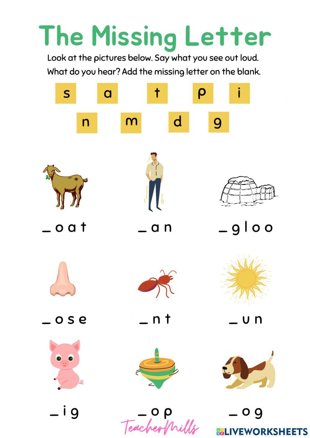 Beginning sound s, a, t, p, i, n, m, d