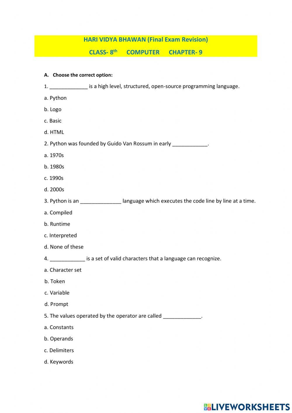 8th python worksheet | Live Worksheets