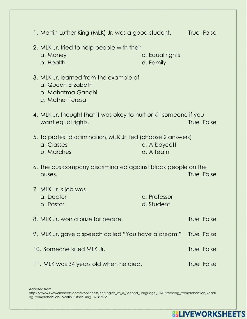 Reading CLB 3.4 CI - Understand Story About Martin Luther King Jr.