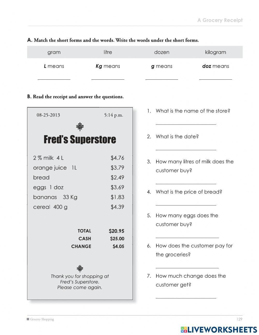 CLB 1 Reading Assessment - Grocery Receipt