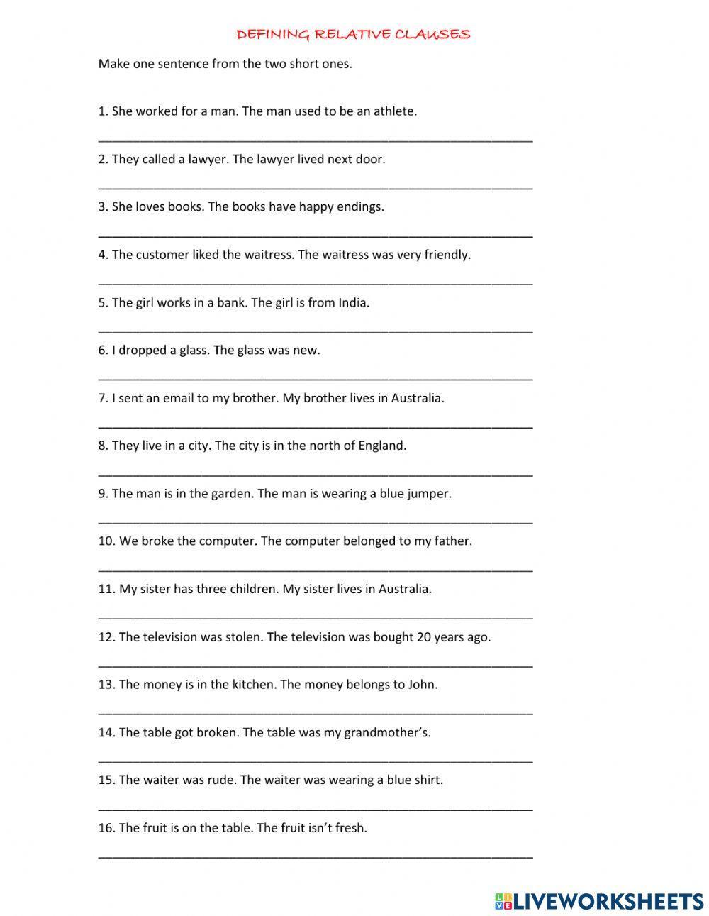 Defining Relative Clauses online practice | Live Worksheets