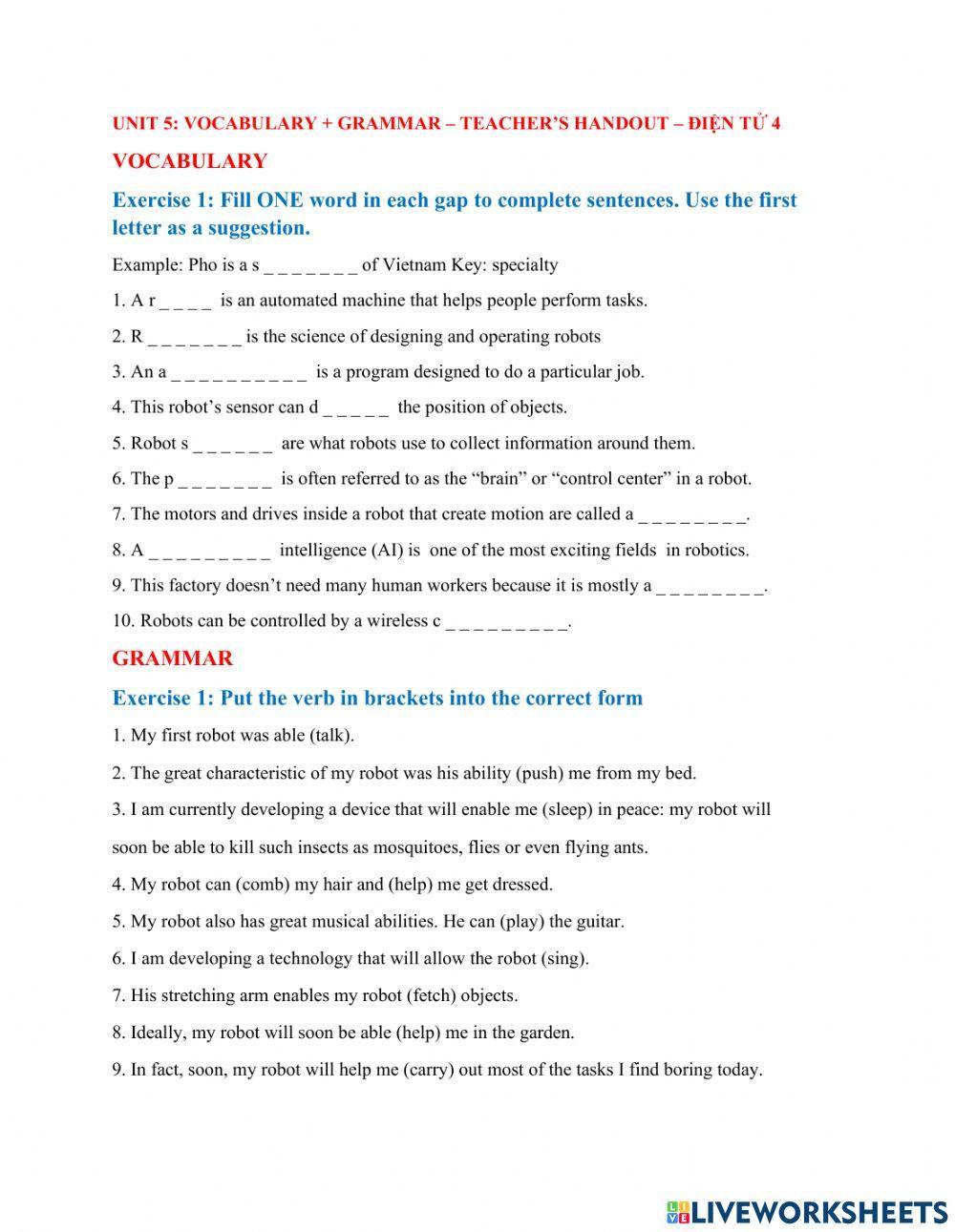 UNIT 5- VOCABULARY- GRAMMAR- Teacher's handout- Dien Tu 4