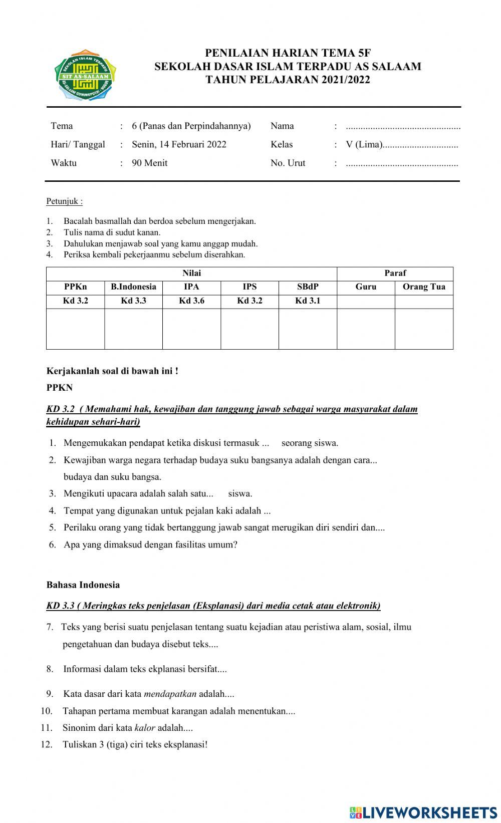 Penilaian Harian Tema 5F