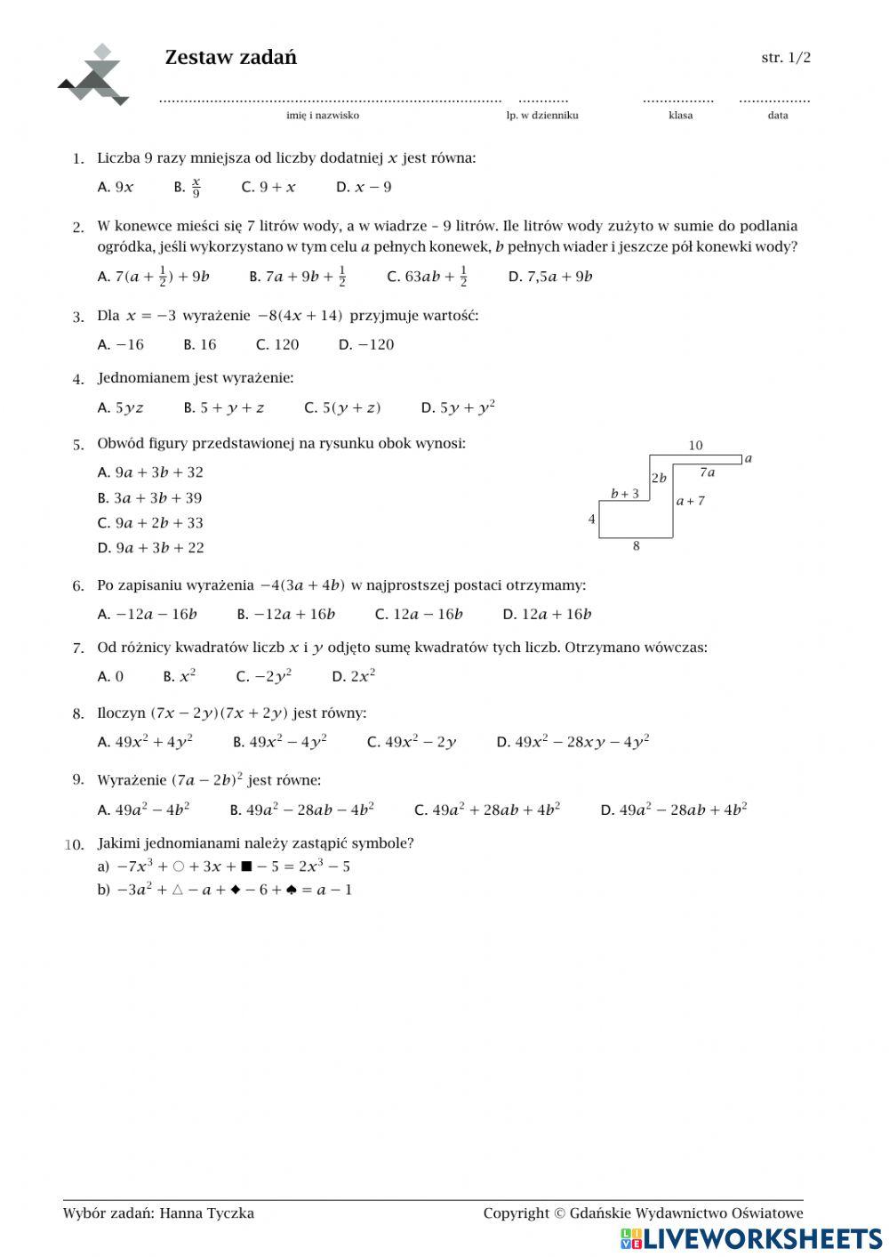 Sprawdzian Z Matematyki Wyrażenia Algebraiczne Klasa 7 KLasa 7-Sprawdzian Algebra online exercise for | Live Worksheets