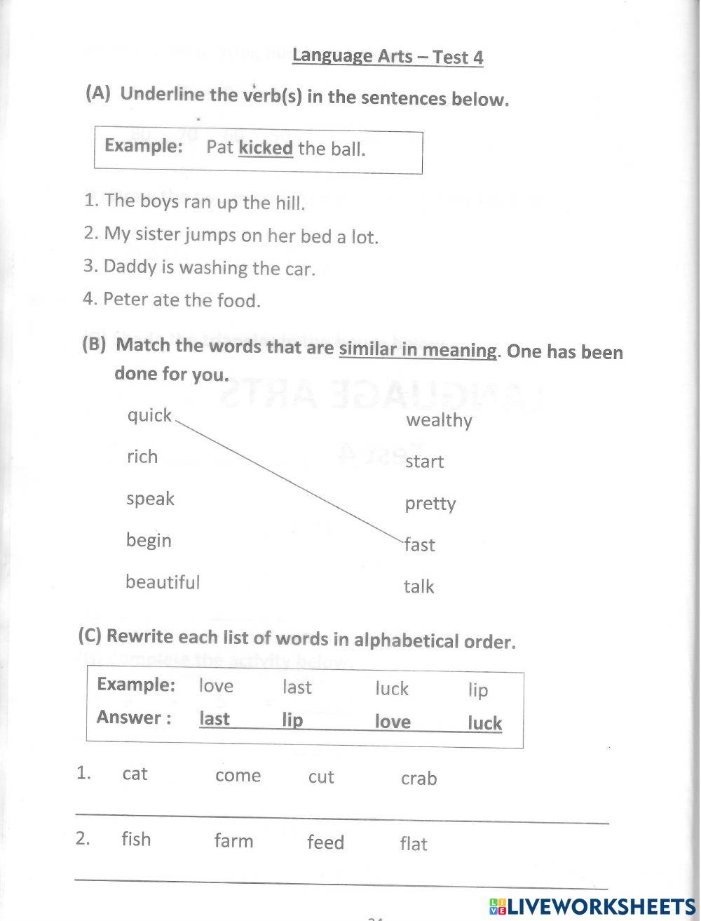 Language arts test 4 online exercise for live worksheets