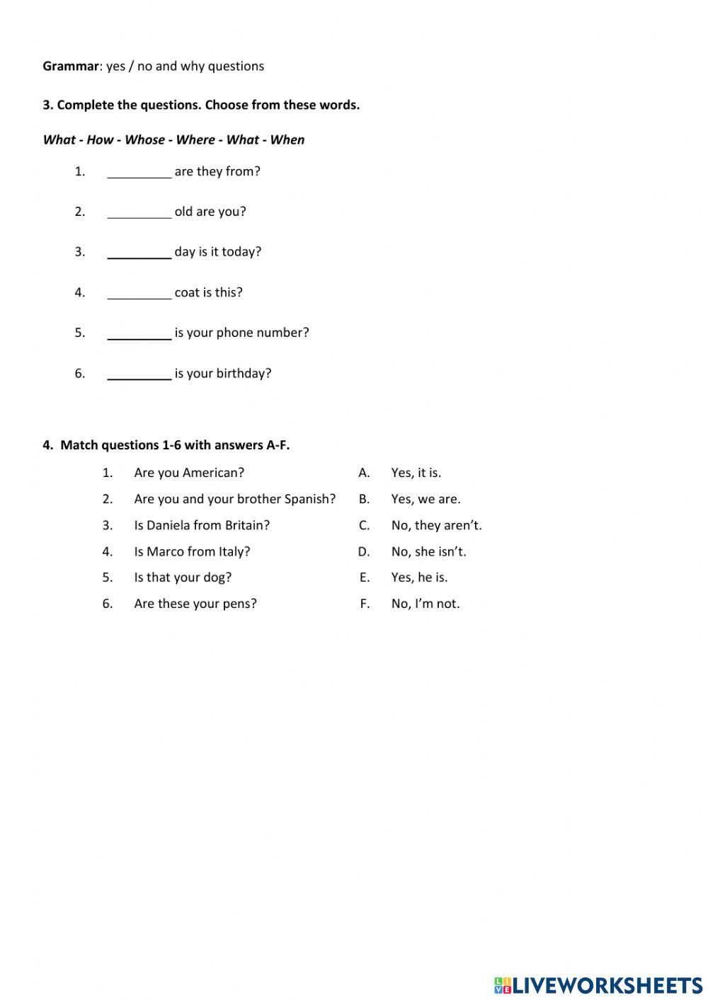 A1 Grammar task -to be- questions