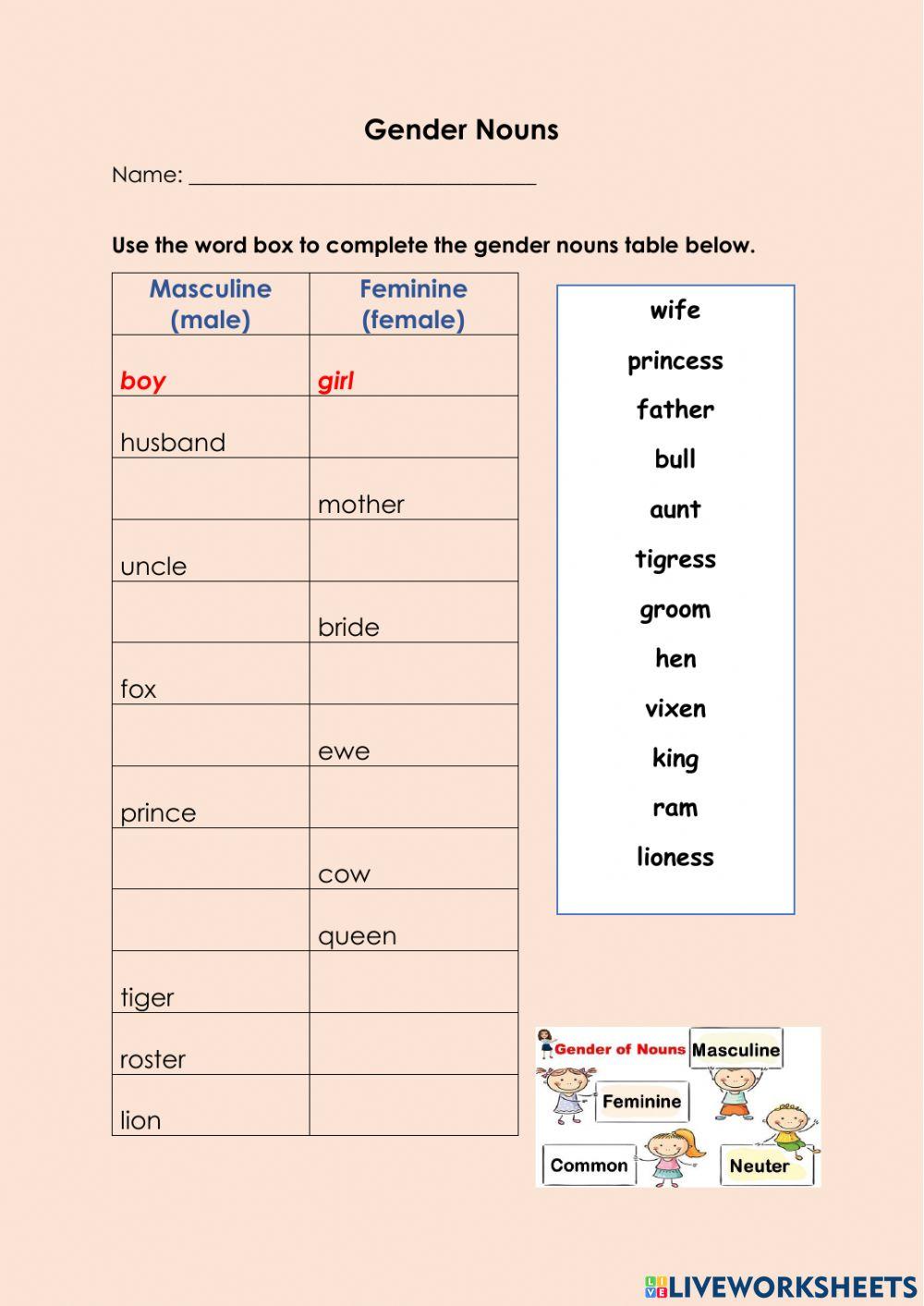 Gender Nouns Worksheet Live Worksheets 45% OFF Gender Nouns Worksheet Live Worksheets 45% OFF