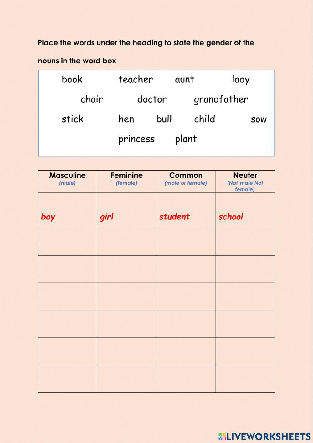 Gender Of Nouns Worksheet Live Worksheets 41% OFF