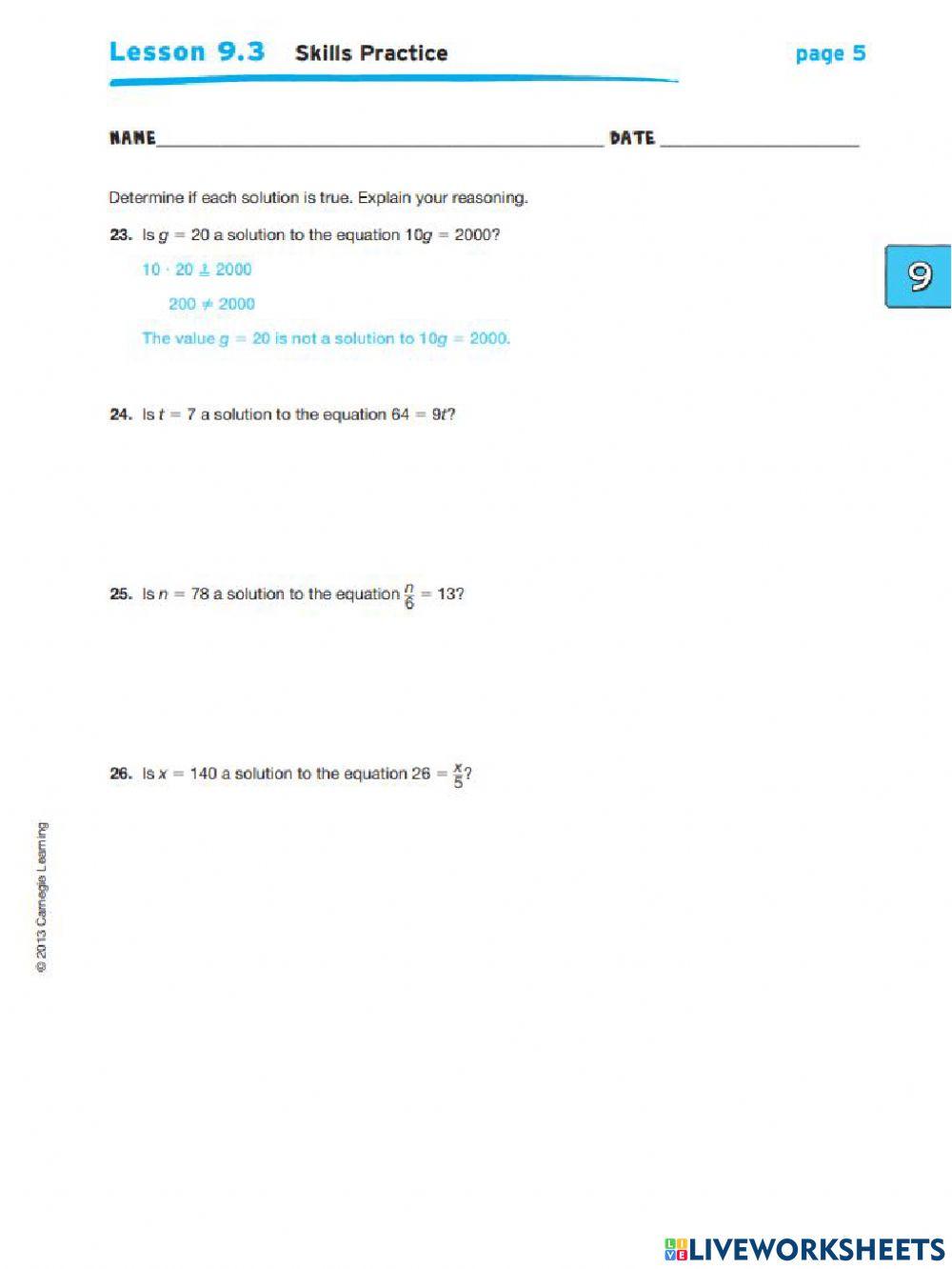 9.3 Skills Practice: One-Step Equations