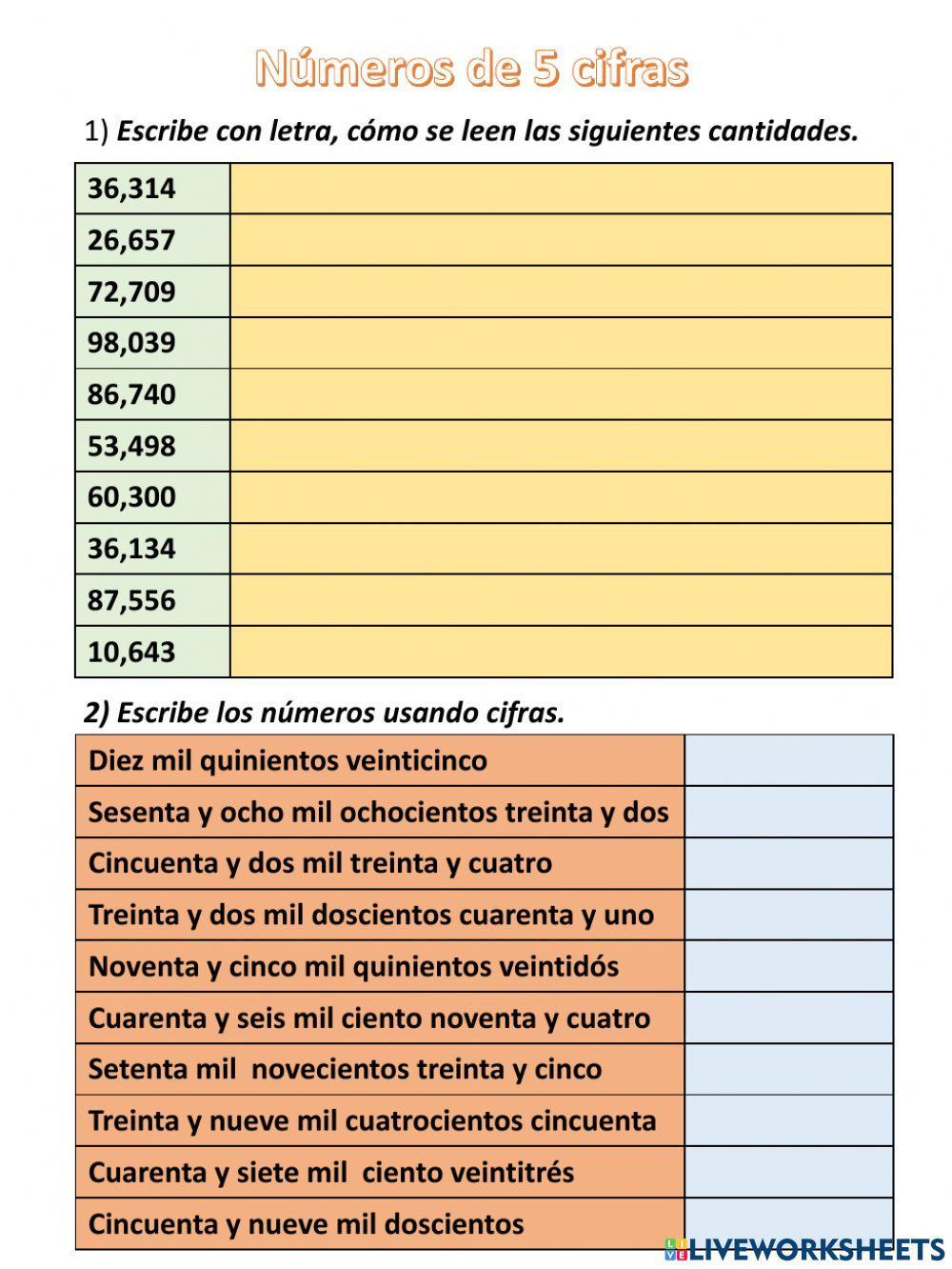 Lectura y escritura de números de 5 cifras