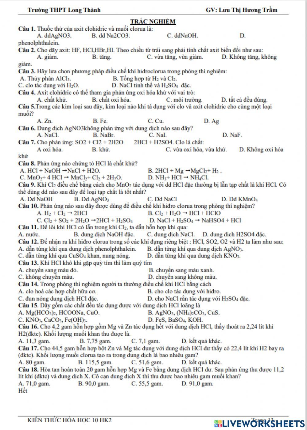 TRẮC NGHIỆM HCl