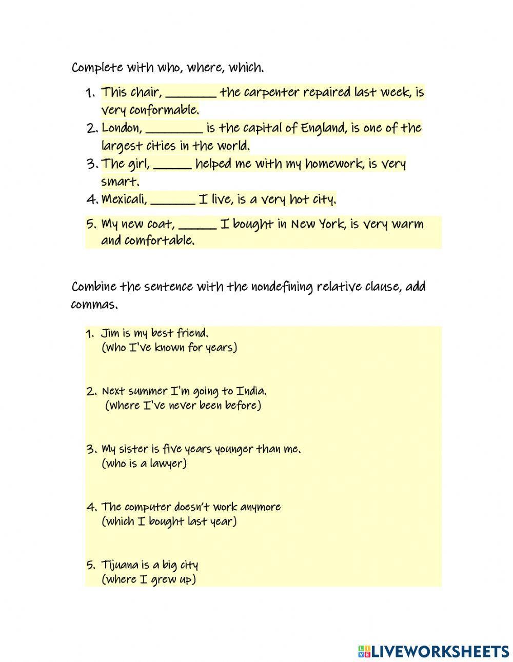 Nondefining relative clauses Nondefining relative clauses