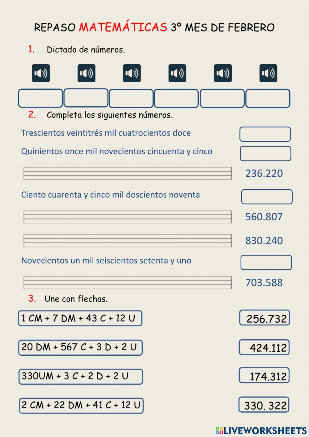 Repaso contenidos matemáticas 3º Febrero