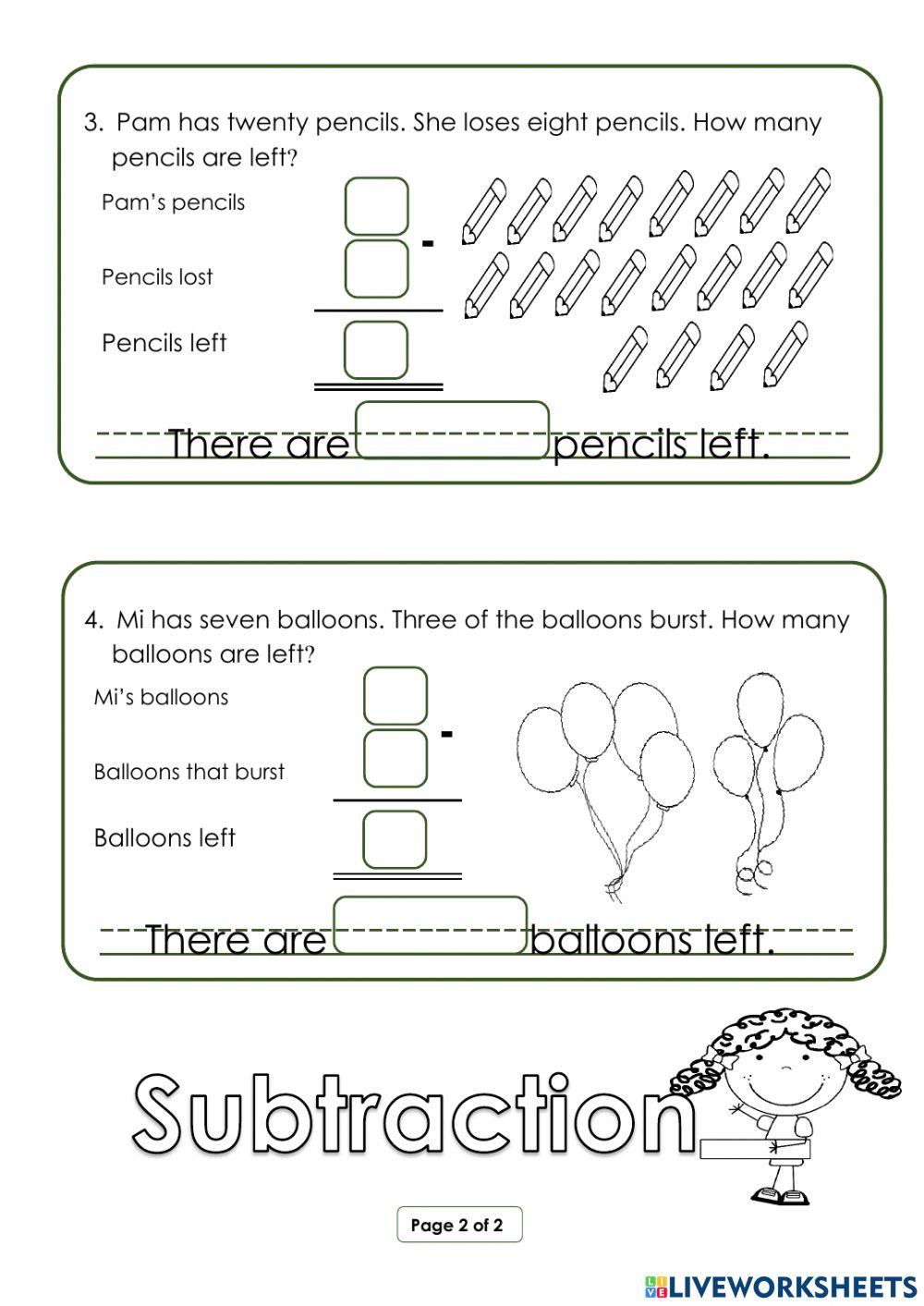 Word Problem Subtraction interactive worksheet | Live Worksheets