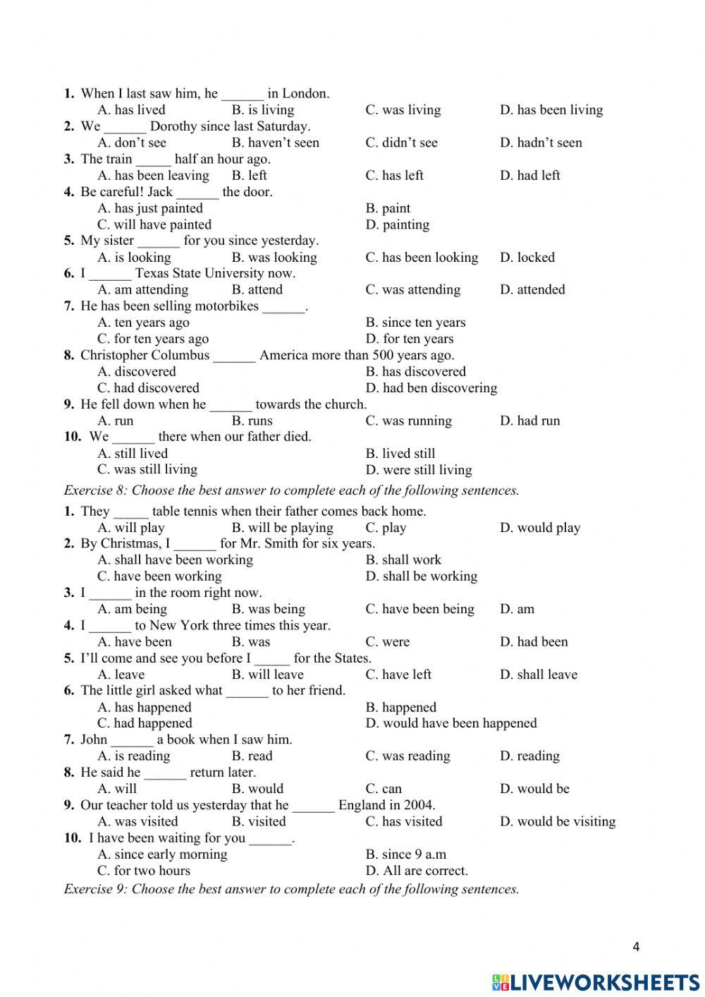 Bài tập về thì của động từ