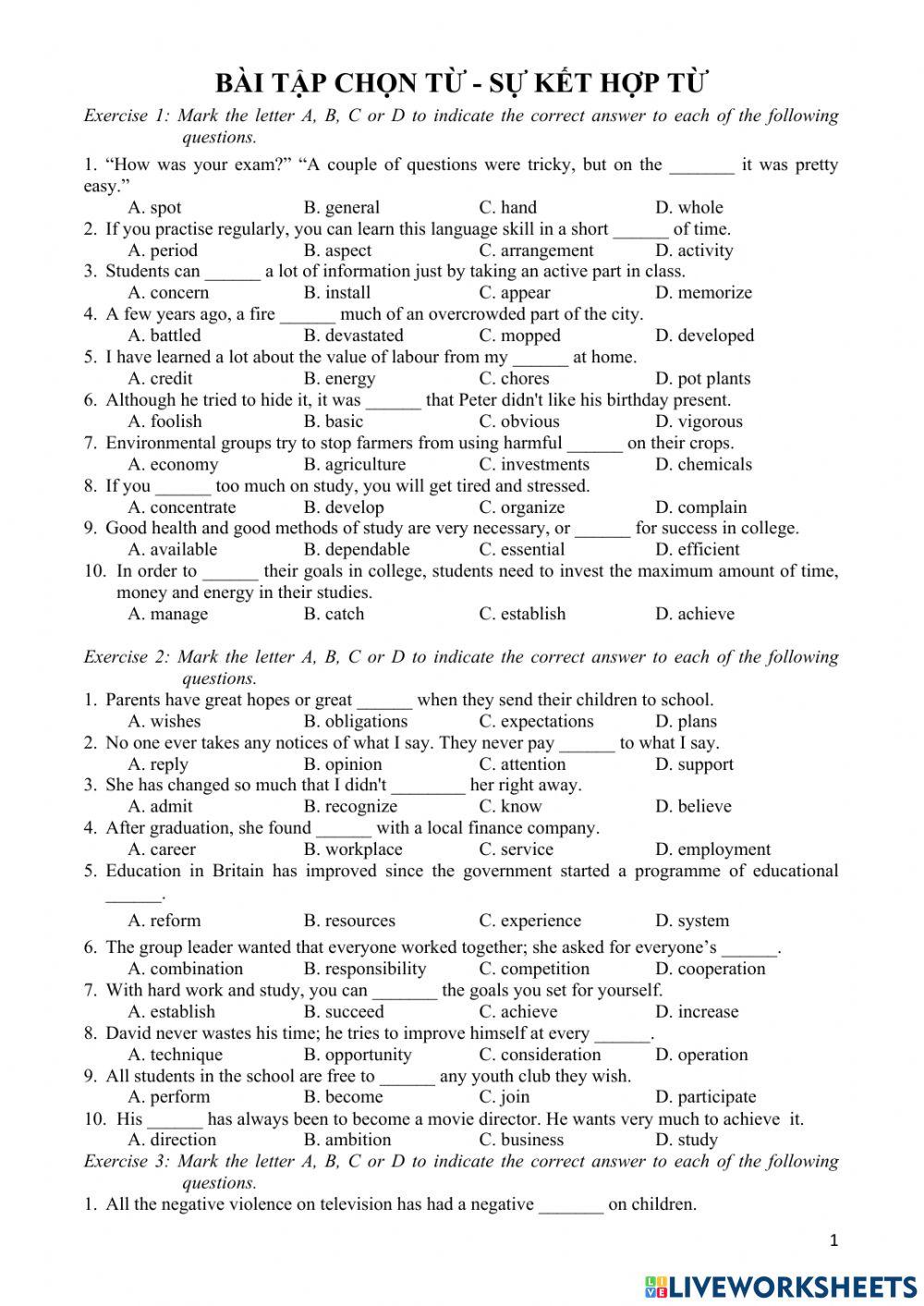 Bài tập chọn từ - sự kết hợp từ