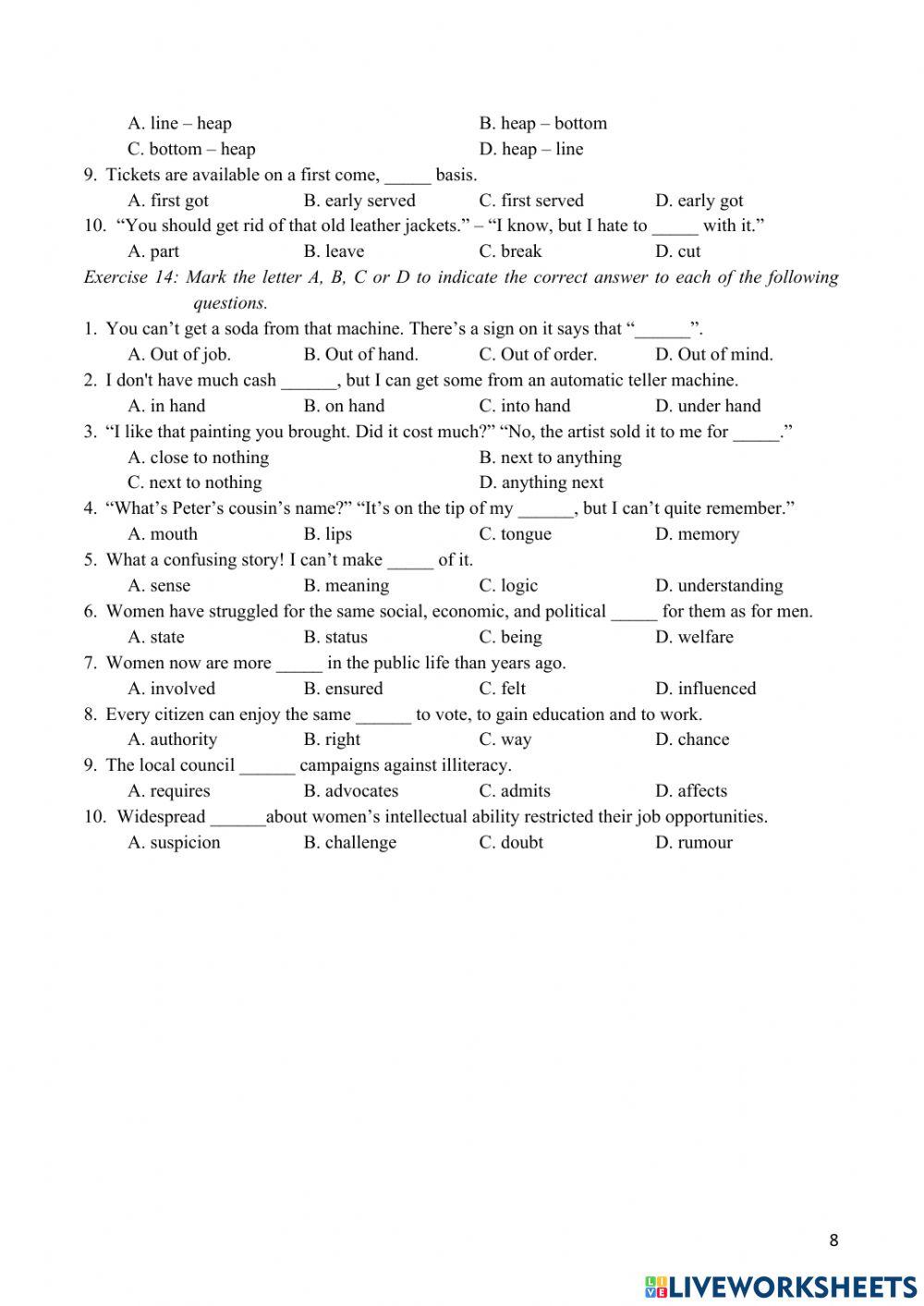 Bài tập chọn từ - sự kết hợp từ