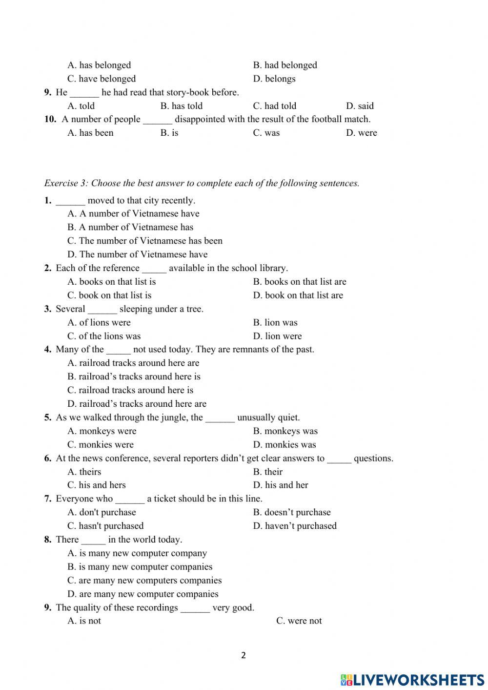 Bài tập sự hòa hợp giữa chủ từ và động từ