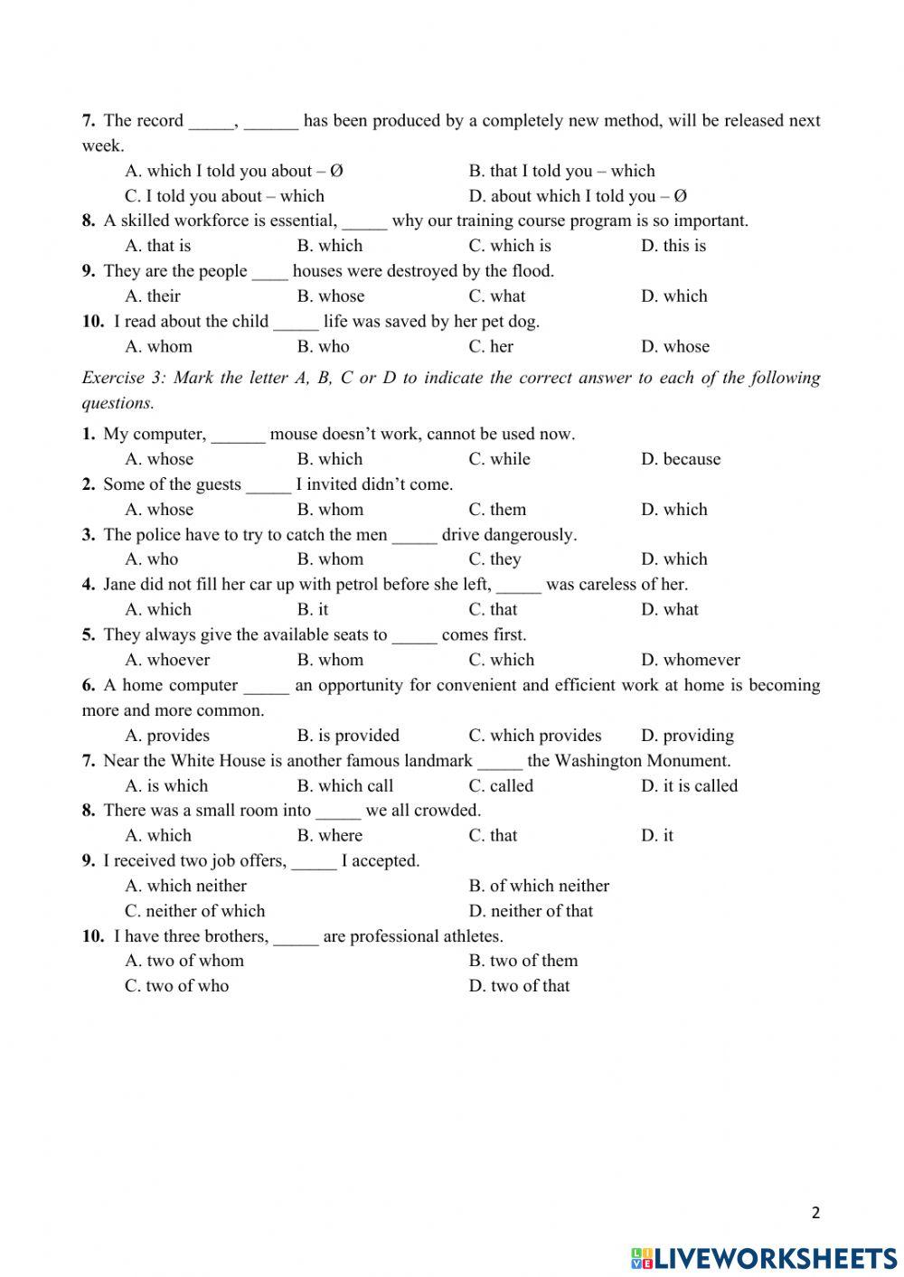 Bài tập mệnh đề quan hệ