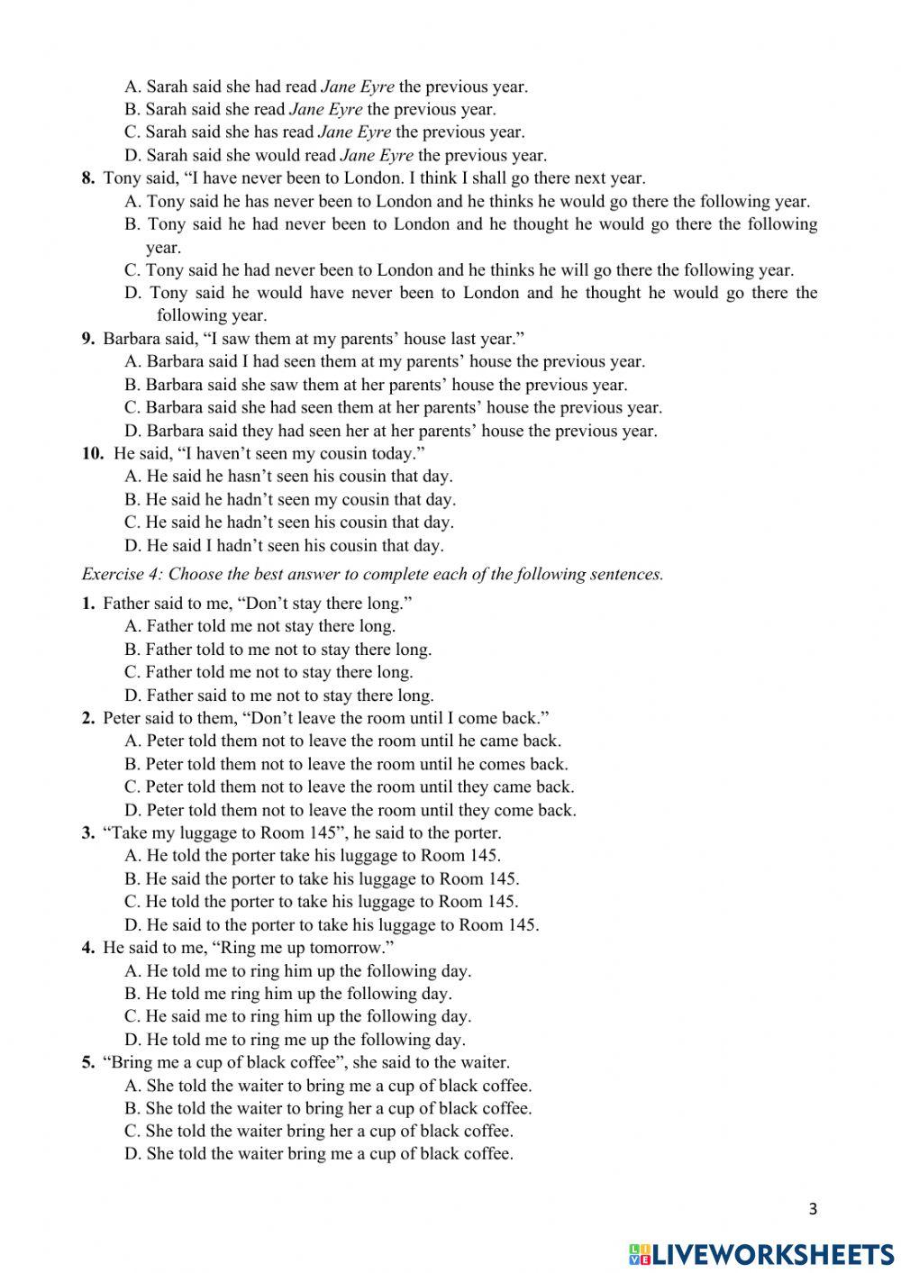 Bài tập câu gián tiếp