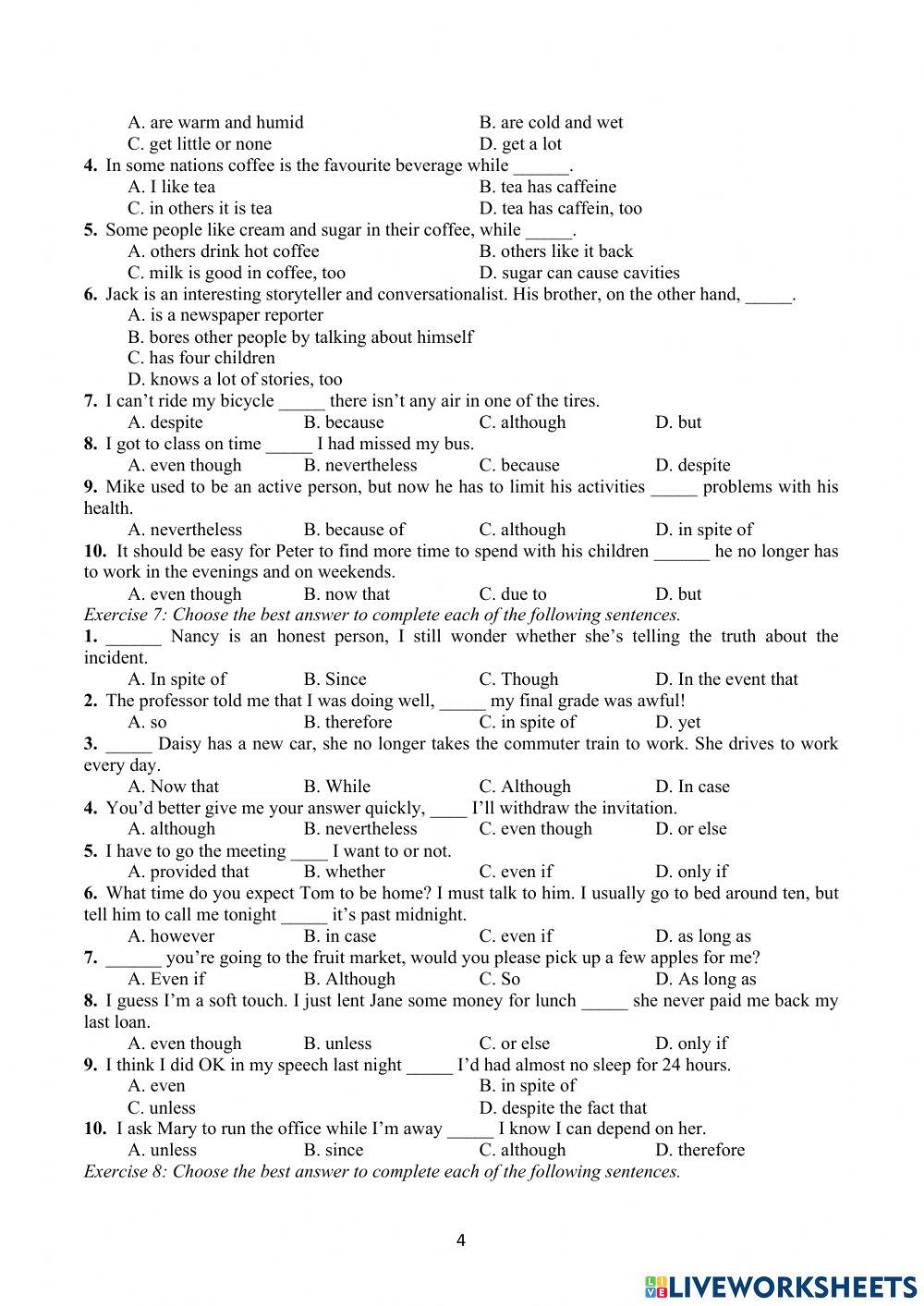 Bài tập từ nối mệnh đề, từ nối câu