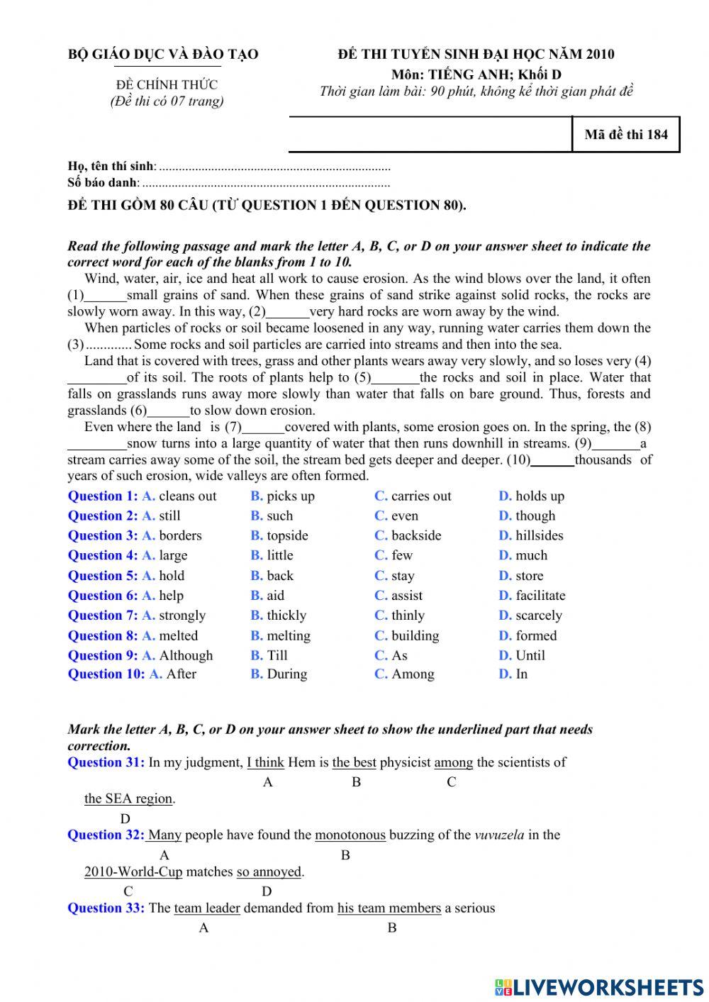 Dai hoc 2010 - khoi D