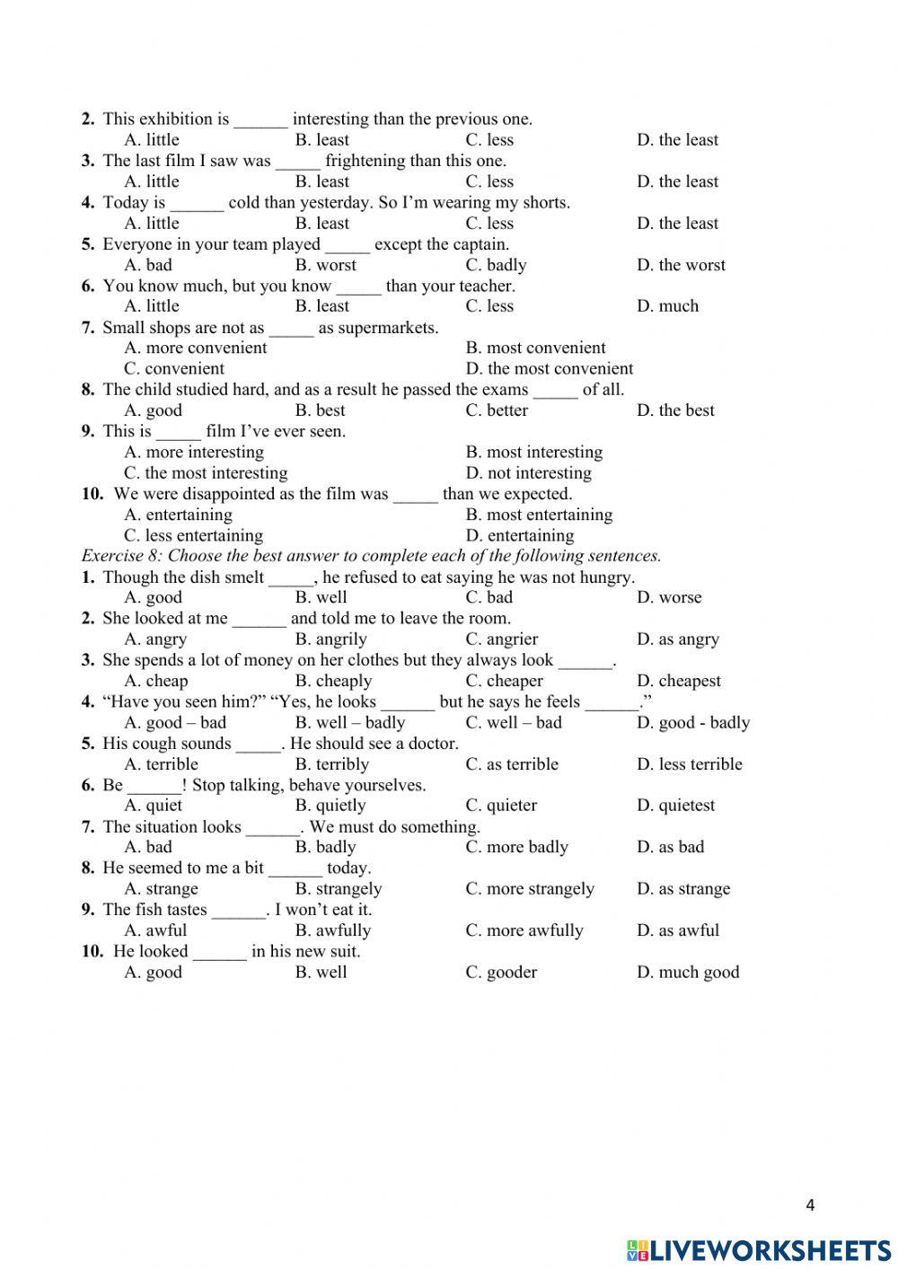 Bài tập tính từ, trạng từ, cấu trúc so sánh