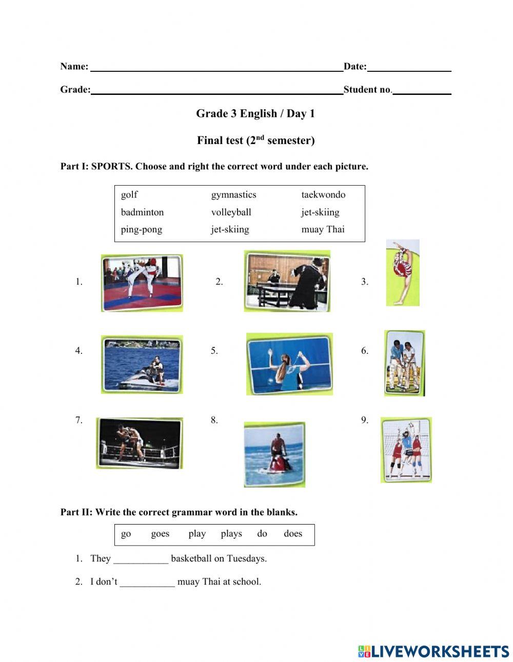 Grade 3 English Final Test (2nd sem - Day 1)