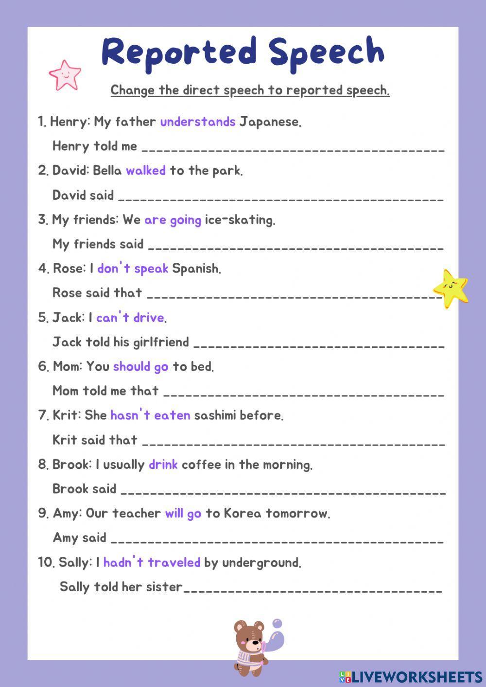 present simple reported speech exercise