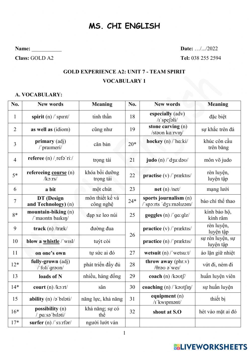 14.02.22 Gold A2- U7 Vocab 1